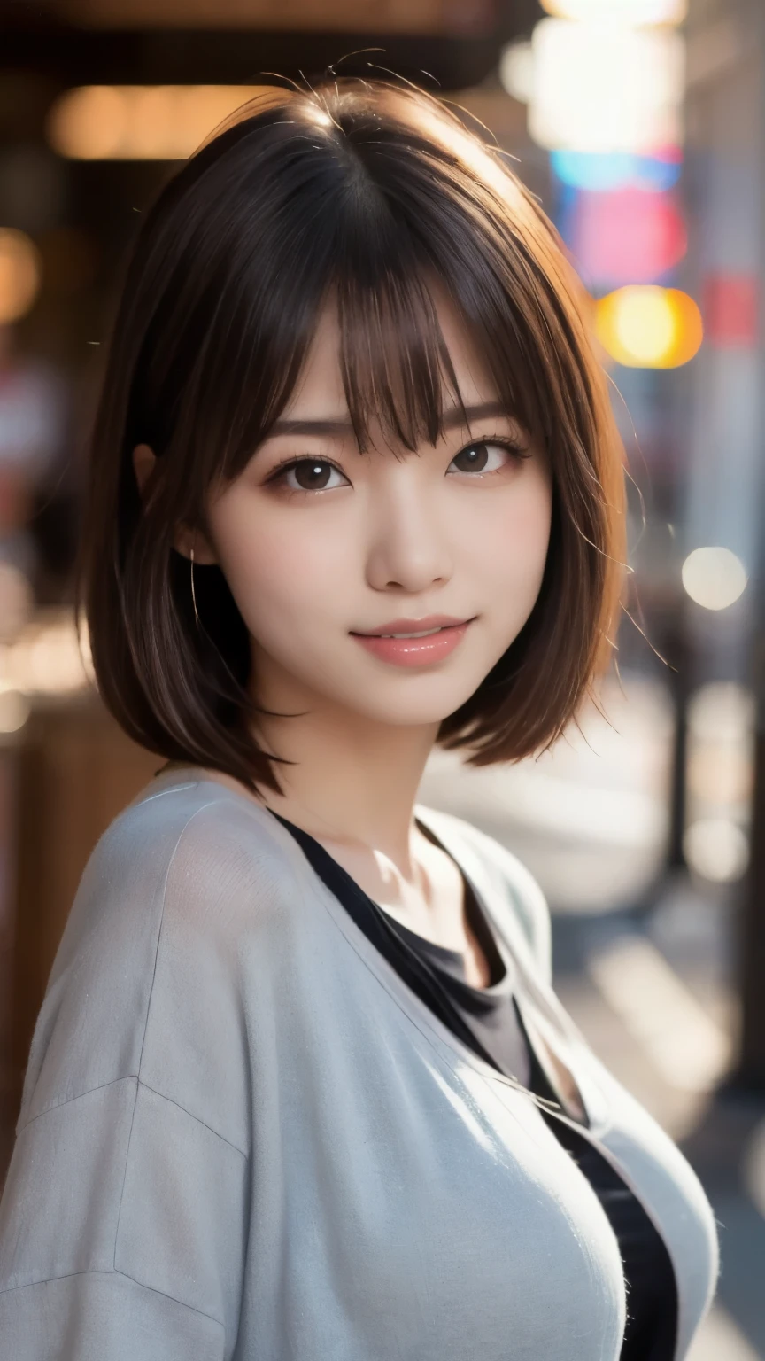 8k,Best Quality,(masterpiece:1.2),(Realistic),(Realistic:1.37),Ultra-high resolution,1 female university student,Droopy eyes,Beautiful teeth alignment, Looking down from above,Well-formed fingers,Shinjuku,(((Cute casual clothes))),Big Breasts,Perfect body,Perfect Fingers,Beautiful Skin,Professional Lighting,gravure,Detailed face and skin texture,fine grain,RAW Photos