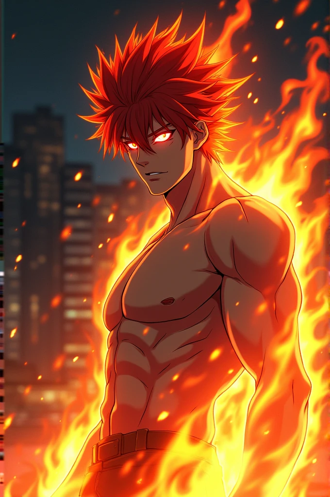 Garou, a character from One Punch Man, has red hair and eye color and a red aura around him.