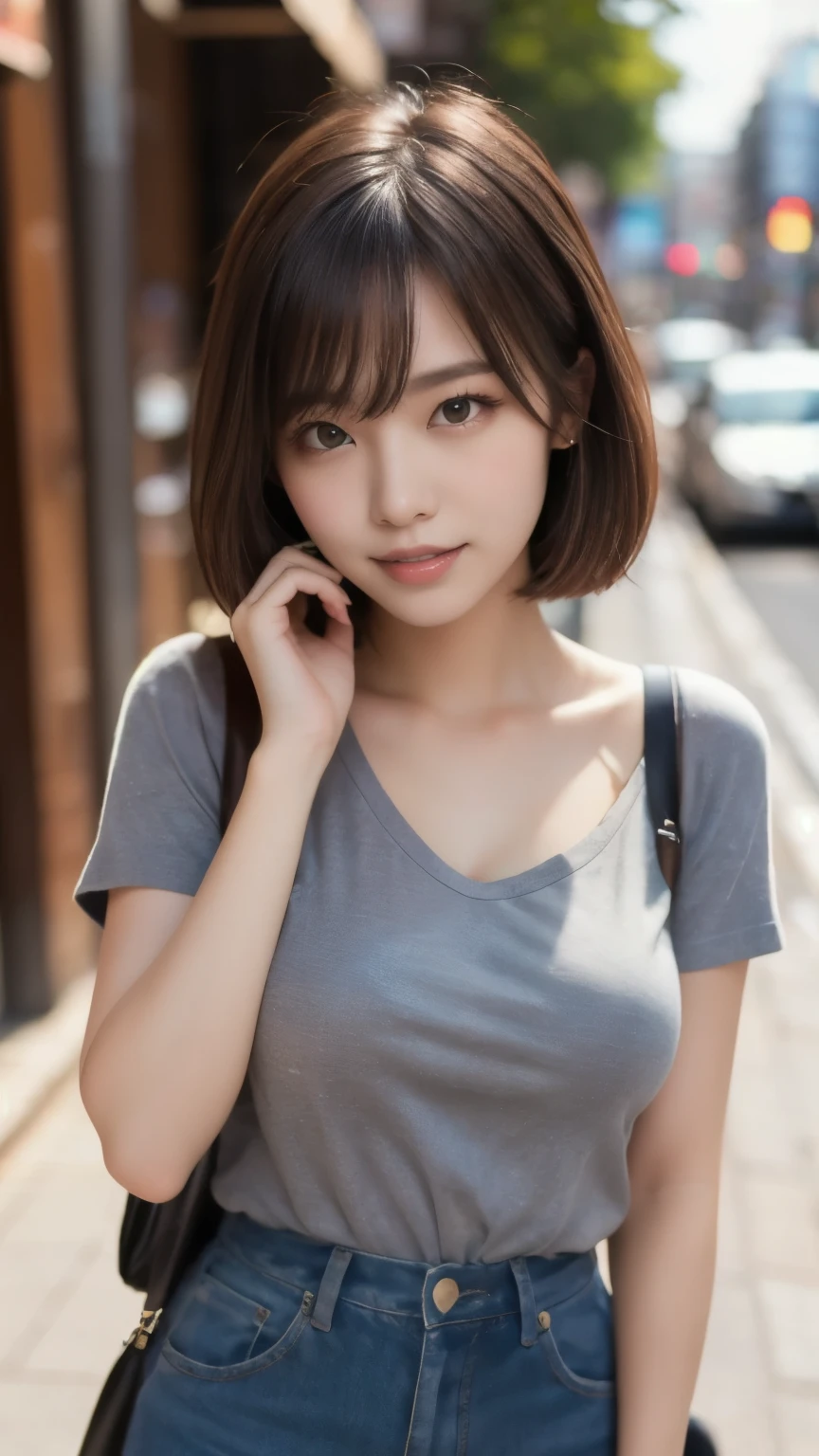 8k,Best Quality,(masterpiece:1.2),(Realistic),(Realistic:1.37),Ultra-high resolution,1 female university student,Droopy eyes,Beautiful teeth alignment, Looking down from above,Well-formed fingers,Shinjuku,(((Cute casual clothes))),Big Breasts,Perfect body,Perfect Fingers,Beautiful Skin,Professional Lighting,gravure,Detailed face and skin texture,fine grain,RAW Photos