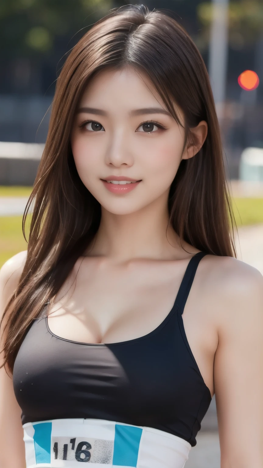 8k,Best Quality,(masterpiece:1.2),(Realistic),(Realistic:1.37),Ultra-high resolution,One female university student,Beautiful teeth alignment, Well-formed fingers,Long Hair,circuit,(((Race Queen))),Big Breasts,Perfect body,Perfect Fingers,Beautiful Skin,Professional Lighting,gravure,Detailed face and skin texture,fine grain,RAW Photos