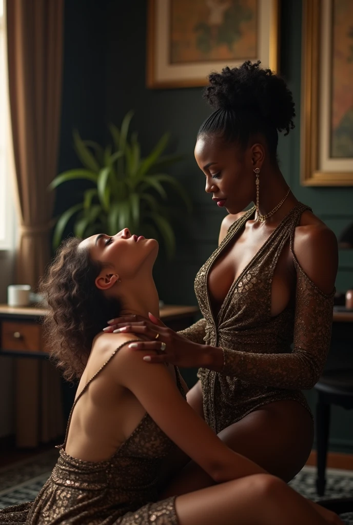 a tall, skinny white woman kneels and kisses the feet of a big black woman who dominates her