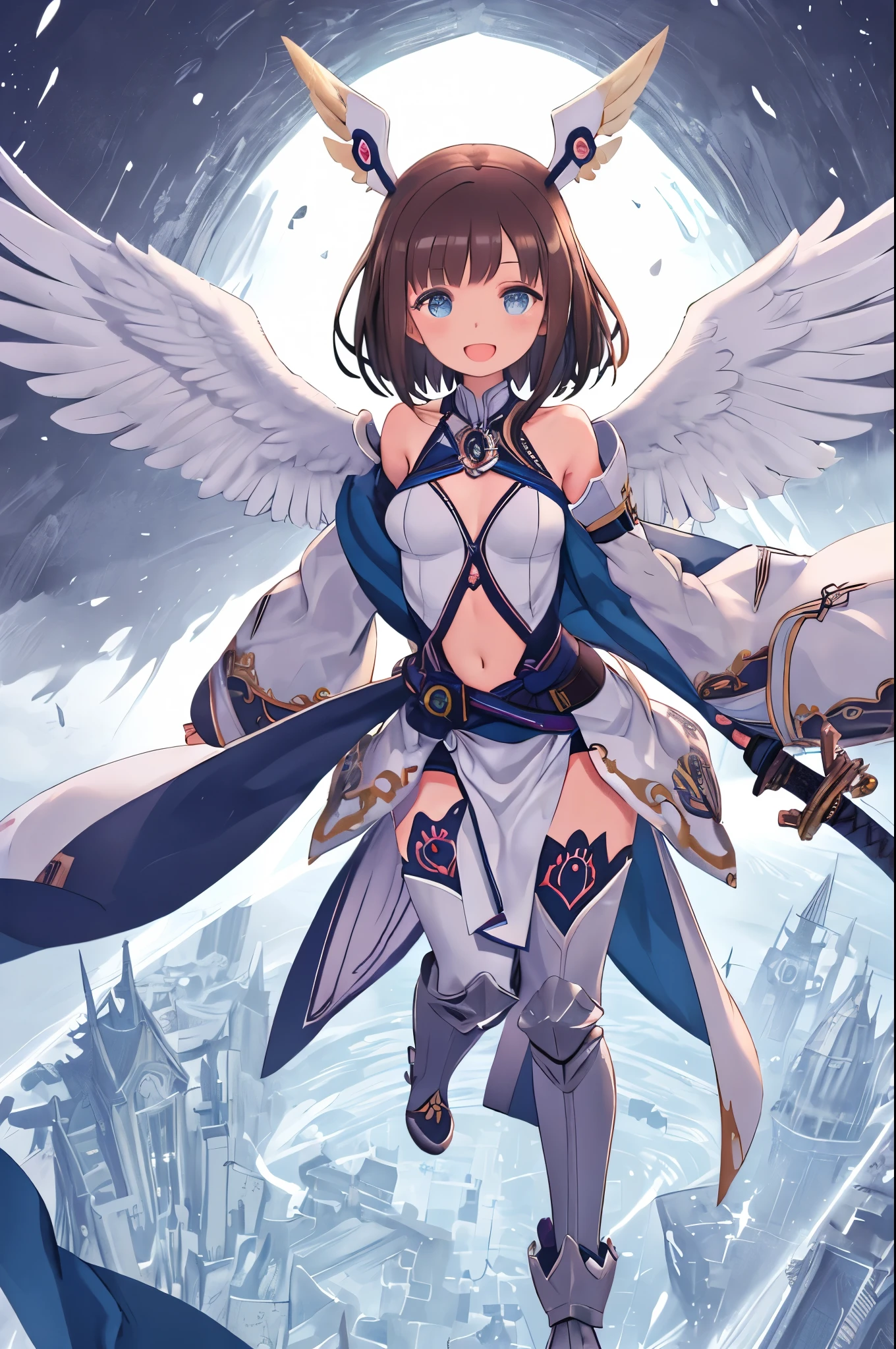 fantasy, 1angel_girl,, ,brown_hair, medium_bob_hair, long_bangs, halo,bare_shoulder,thighhighs,silver_armor, waist_armor, large_breasts,angry,grinning,open_mouth_teeth, 1pair_wings, dynamic_pose_fighting,floating, bare_crotch, headgear,gauntlet, greaves,city_sky_background,slightly_spread_legs, solo, groin_naked,