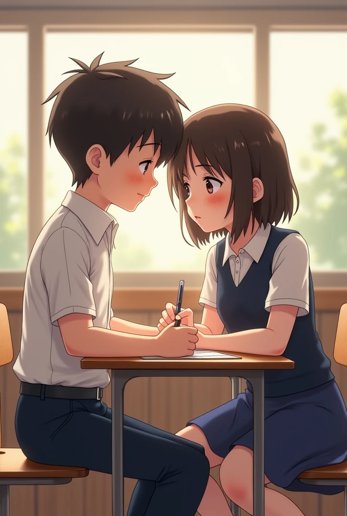 Short black hair girl in school uniform with a short hair boy in a male school uniform, both with a happy expression. Sitting in a classroom