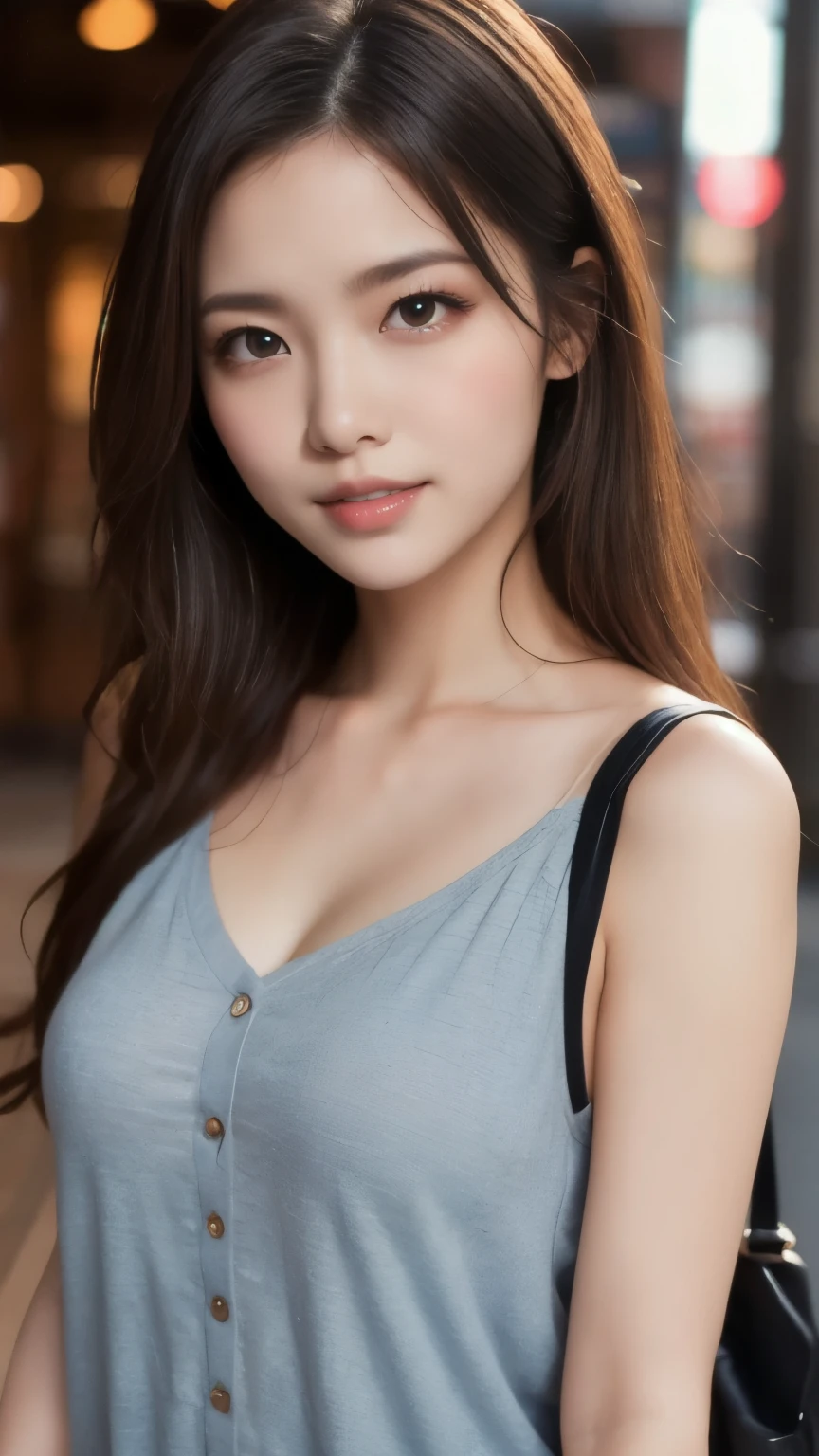 8k,Best Quality,(masterpiece:1.2),(Realistic),(Realistic:1.37),Ultra-high resolution,1 female university student,Droopy eyes,Beautiful teeth alignment, Looking down from above,Well-formed fingers,Shinjuku,(((Cute casual clothes))),Big Breasts,Perfect body,Perfect Fingers,Beautiful Skin,Professional Lighting,gravure,Detailed face and skin texture,fine grain,RAW Photos