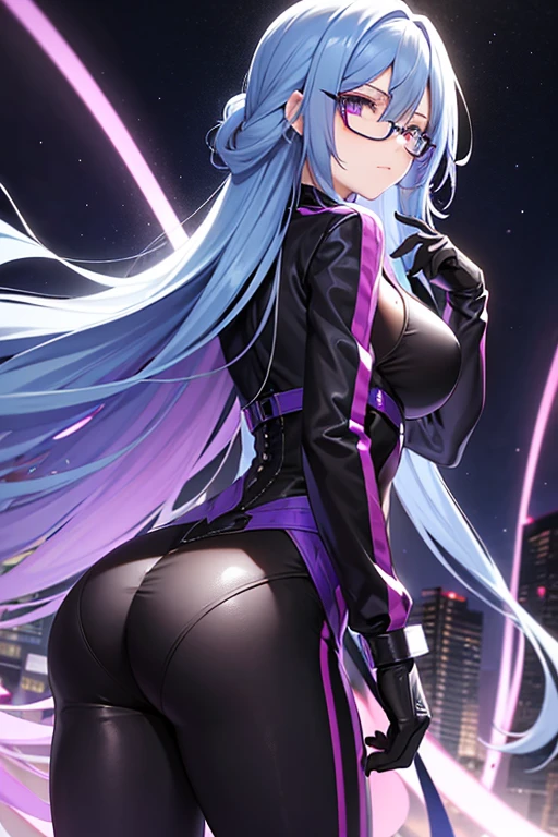 1girl, purple hair, bun head, twintails, big breasts, big butt, criss-cross halter