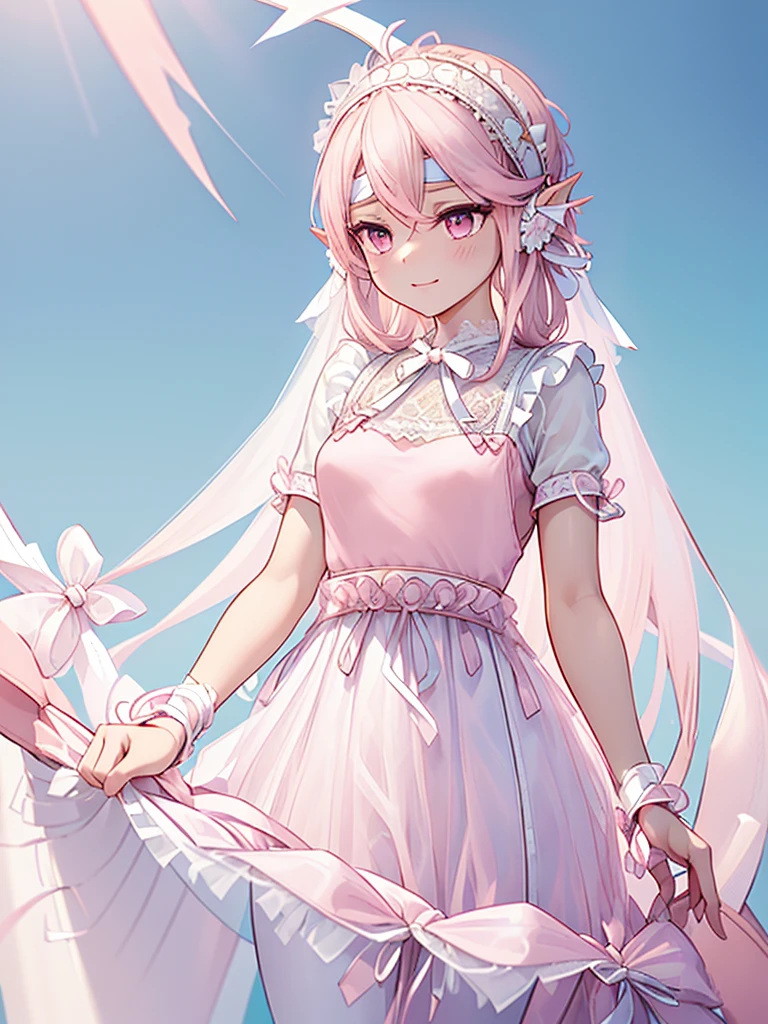((boy)),(small breasts:1.5),((women's clothing:1.2)),(angle from below),June bride style outfit,clothes with lots of frillangrigaeshi),close up of face,((high resolution)),modest smile,waving cutely,(lace pattern background),(white and pink and blue and yellow and green and orange),