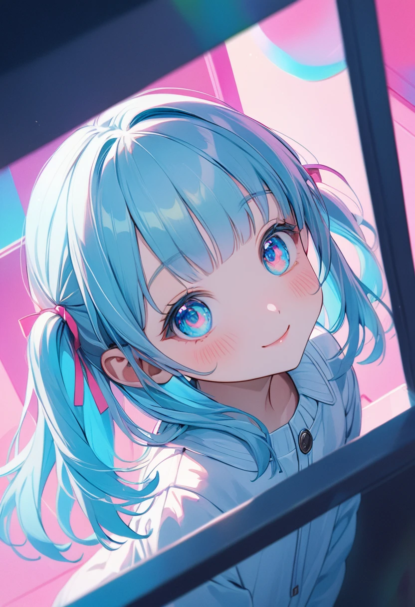  asterpiece, best quality, extremely detailed, (illustration, official art: 1.1), 1 girl, (((light blue long hair))), ((light blue long hair))), ((light blue long hair))), light blue hair,, long hair ((blush)), cute face, big eyes, masterpiece, best quality, ((((a very delicate and beautiful girl)))), amazing, beautiful detailed eyes, blunt bangs (((little delicate girl)))), tareme (true beautiful: 1.2) , sense of depth, dynamic angle,,, affectionate smile, (true beautiful: 1.2), (tiny 1girl model: 1.2),) (flat chest), (masterpiece: 1.5, highest quality: 1.5), (((VaporWave Style, Decorated colored)) ), close-up, from above, cinematic angle, (((vanilla))), 1girl, solo, cute smile, jewelry decoration, the doll is a mess, decadent life, poles outside the window, morning glow outside the window,two side up