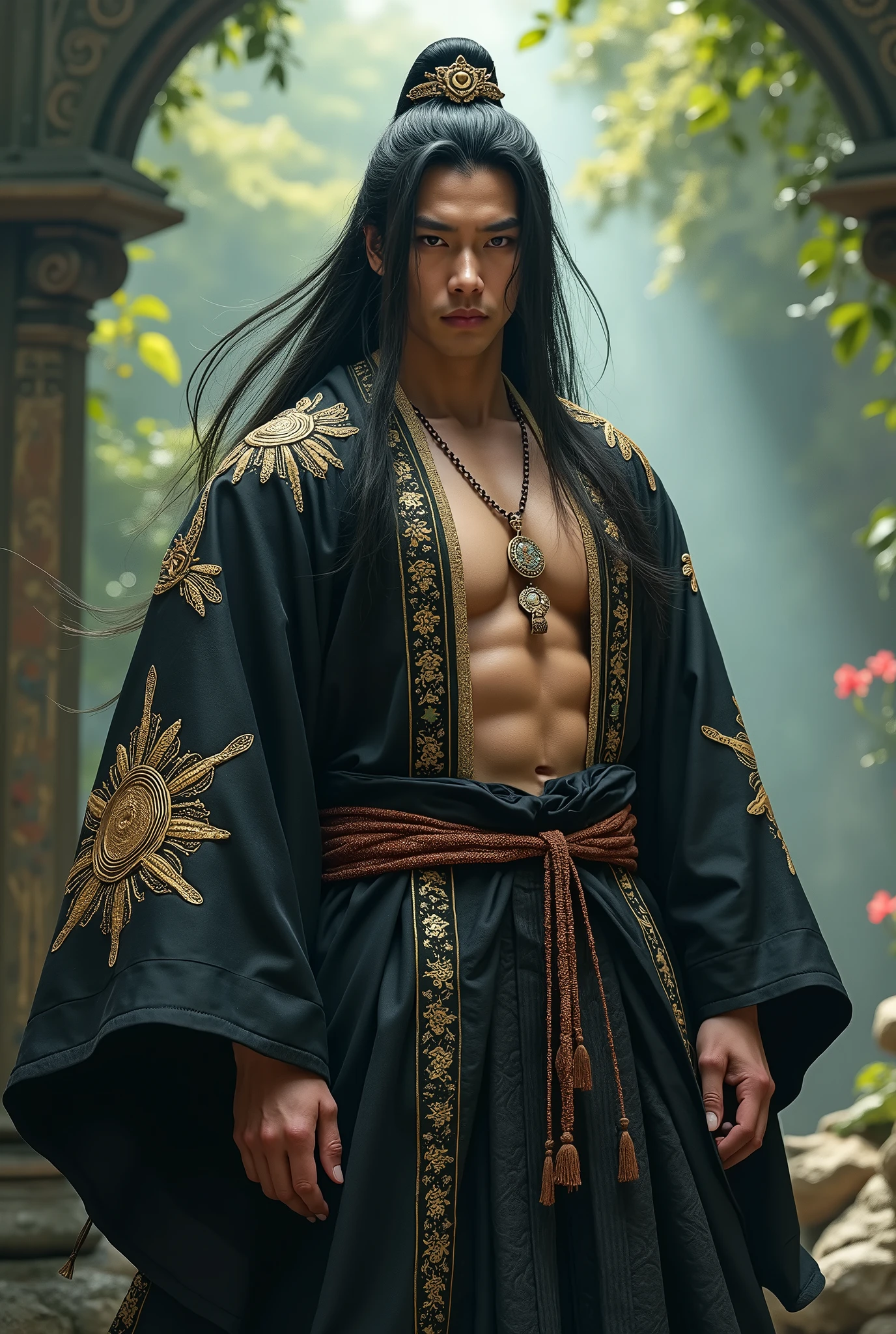 A man with long hair no top dress only japanese shinobi pant . Have a cape of tiger skin