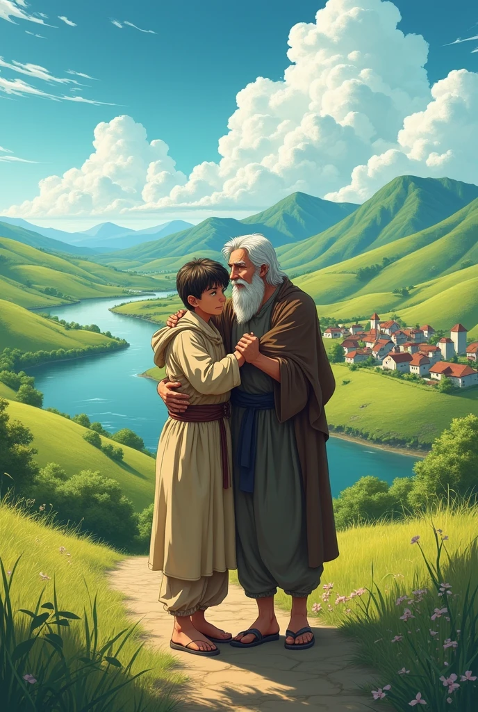 A young peasant who left his parents' home to explore the world returns home regretful and receives a hug from his father