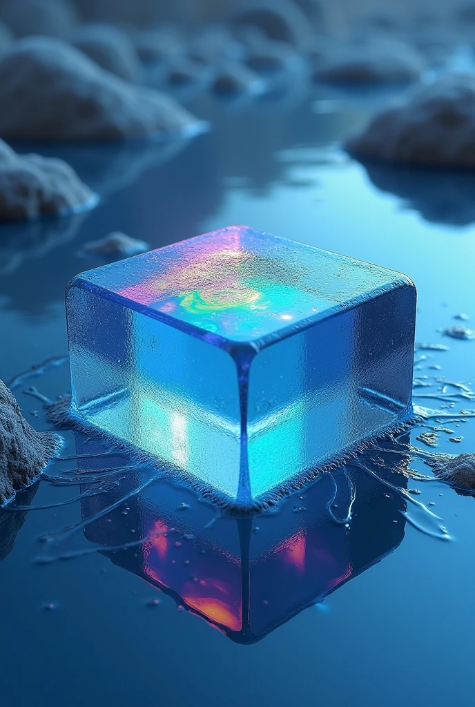 Deep blue square ice、It melts into light rainbow-colored water.、A soft feel like colored pencils