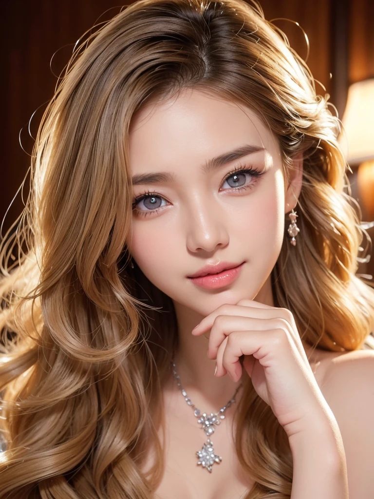 a beautiful russian woman in her 20s, light brown hair, fine white skin, attractive face, tight waist, cleavage, smiling kindly, wearing stylish clothes and necklace, active posing, detailed eyes, nose, lips, long eyelashes, perfectly balanced body, rough hairstyle, (best quality,8k,highres,masterpiece:1.2),ultra-detailed,(realistic,photorealistic,photo-realistic:1.37),HDR,UHD,studio lighting,ultra-fine painting,sharp focus,physically-based rendering,extreme detail description,professional，russian idol，bewitching look