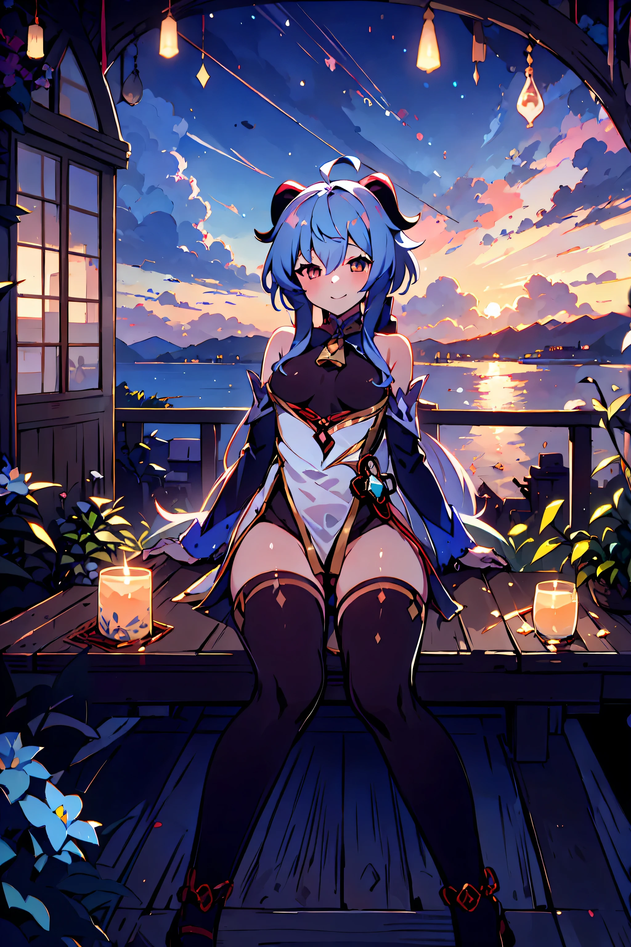Very detailed,Pieces fly, Highest quality, Anime Images, Anime style etc.., Hired \(Genshin Impact\), Sit at the table, View from above, smile, 1 Girl, Twin Horn, ticker,Fits your body type, I can see the pussy , blush, Colorful pastel fantasy,Sexy pose,Very detailed background,Nice views,Beautiful and beautiful scenery,((Very detailed landscape)),Incredibly high quality,Night Sky