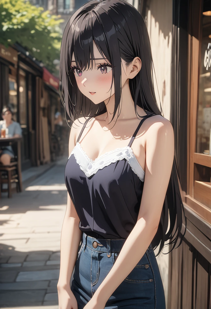 (Best Quality, 4K, 8k, High resolution, masterpiece:1.2), Very detailed, Picturesque, Animation Photos, Photo Animation:1.37)、Cafe、Beautiful Japanese Women、Black Hair、Long Hair、straight hair、middle part、Black camisole、Navy blue shorts with white trim