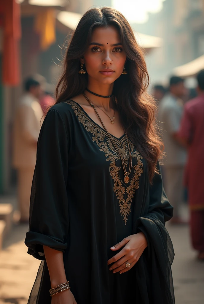 [Core Concept] A beautiful, confident Pakistani woman in a low-income urban slum setting.

[Character Description] A captivating desi woman,  curvy woman with an alluring presence, wearing a tight-fitting satin kurta (tunic) tight sleeves, skin tight satin clothes, that accentuates her fit, feminine figure. Her short, tight sleeves draw attention to her toned arms.

[Environment/Background] The scene is set in the gritty, crowded environment of a Pakistani urban slum, with ramshackle buildings and a sense of vibrant, bustling activity in the background.

[Style and Atmosphere] The overall atmosphere is one of sultry sensuality, blended with the grittiness and hardship of the slum setting, creating a striking contrast.

[Composition] The woman is the central focus, positioned prominently in the frame, her confident, seductive pose drawing the viewer's eye. full length shot

[Details and Embellishments] The glossy satin kurta shimmers with an alluring sheen, complementing the woman's flawless skin and captivating facial features.

[Technical Specifications] The image should be rendered with a high level of detail and realism, capturing the textures of the satin fabric, the woman's skin, and the surrounding slum environment. fit curvy, punjabi village woman