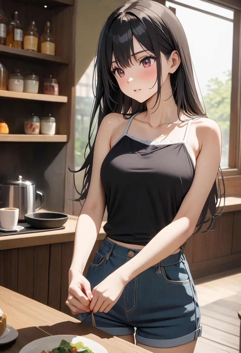 (Best Quality, 4K, 8k, High resolution, masterpiece:1.2), Very detailed, Picturesque, Animation Photos, Photo Animation:1.37)、Cafe、Beautiful Japanese Women、Black Hair、Long Hair、straight hair、middle part、Black camisole、Navy blue shorts with white trim