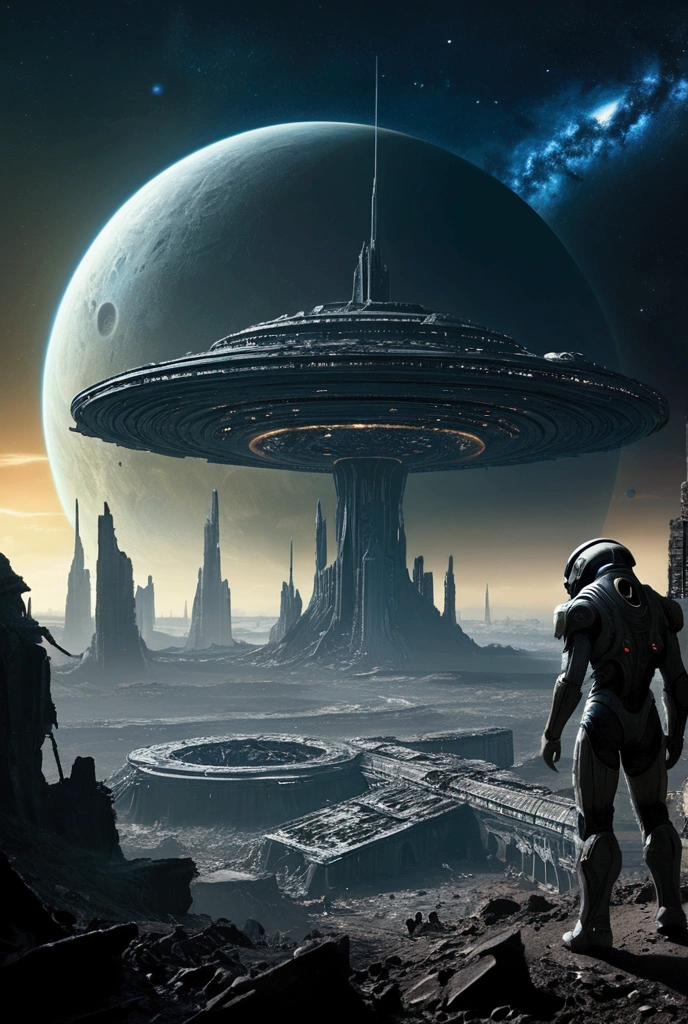 android, voador, Exploring Deep Space, Data collection for the mothership, Mothership in the background, android in the foreground, detalhes intrincados, highes definition, arte de Clemilton Barbosa@Extraterrestrial