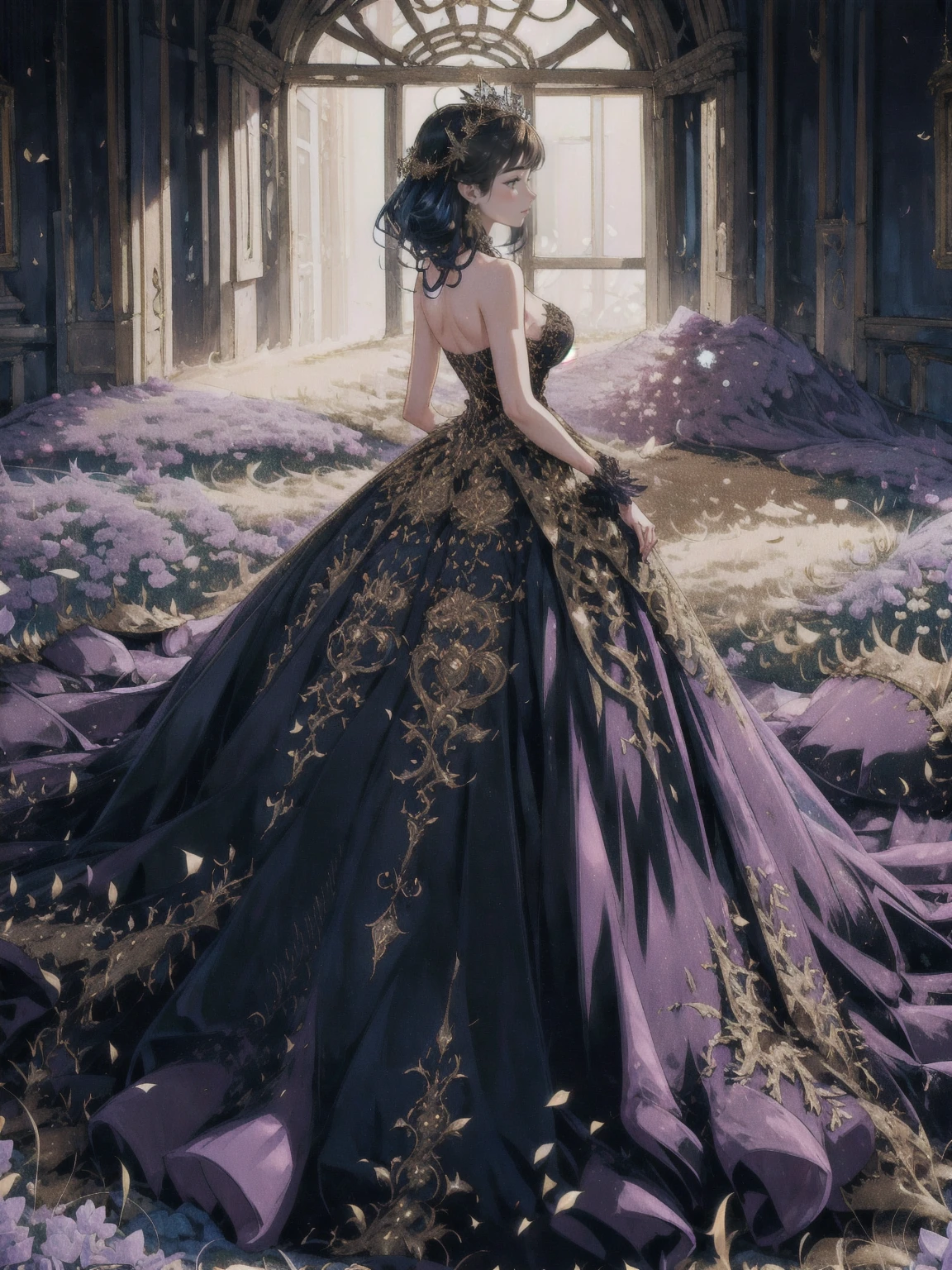 Lira stands in the center of a moonlit garden, her presence captivating in a luxurious black Victorian gown. The dress, made of rich velvet, clings to her figure with a structured bodice that is meticulously embroidered with intricate golden patterns, swirling like ancient runes. Delicate gold filigree lines her high collar and cuffs, adding a regal touch. The gown’s voluminous skirt spills around her in heavy layers of black silk and lace, with subtle golden accents glinting as they catch the moon’s silver light. The hem of her dress sweeps the ground, creating the illusion that she is gliding, almost floating.

Her wings, large and radiant, extend from her back, their translucent blue surface shimmering with a soft, celestial glow. The veins of her wings pulse with life, their blue hue intensifying as they catch the moonlight, creating an ethereal contrast against the darkness of her gown. These wings are delicate yet powerful, with edges that seem to flicker between the material and the immaterial, making her appear as though she is part of the night sky itself.

Lira's long black hair cascades down her back in soft waves, blending seamlessly with the fabric of her dress, while her ocean-blue eyes glimmer with both wisdom and mystery. She stands tall, her posture regal, her gaze fixed on the distant horizon. Around her, the garden is alive with the scent of night-blooming flowers, their petals brushing against the trailing edges of her gown, as if drawn to her otherworldly aura. The scene is bathed in the soft glow of the full moon, casting long shadows and highlighting the gold accents on her gown, making Lira appear as a mystical queen, both grounded and ethereal, powerful and untouchable.