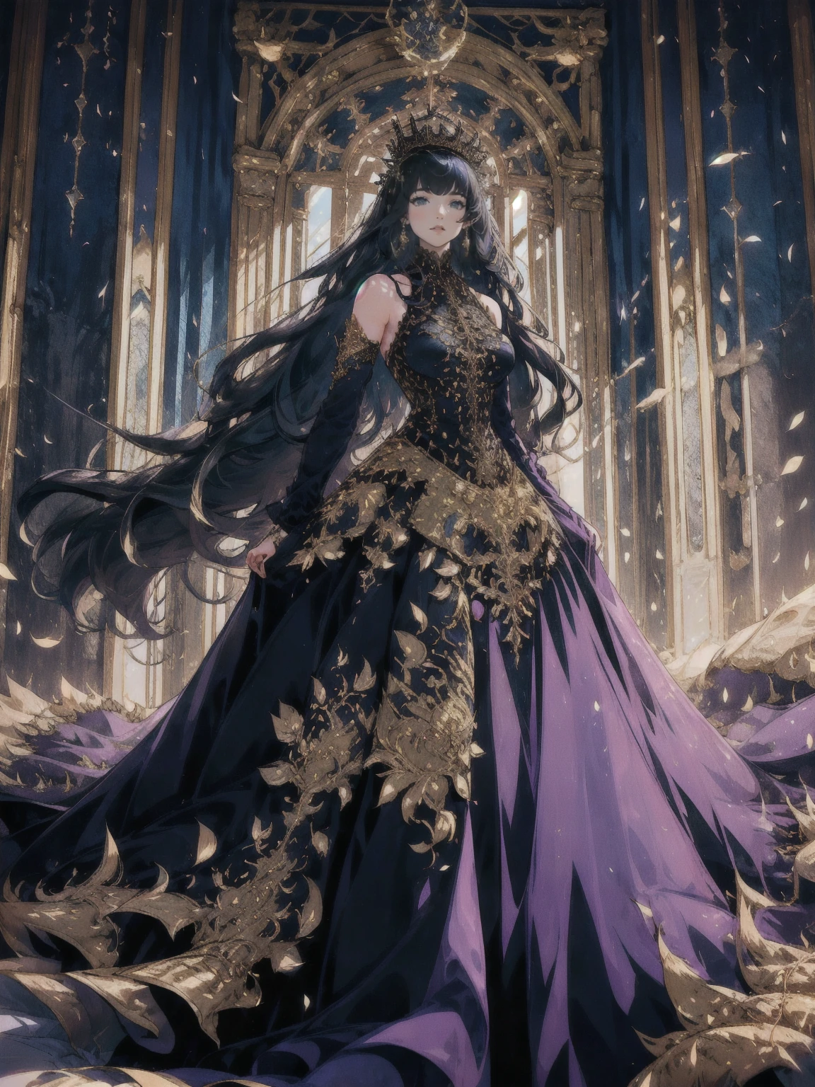 Lira stands in the center of a moonlit garden, her presence captivating in a luxurious black Victorian gown. The dress, made of rich velvet, clings to her figure with a structured bodice that is meticulously embroidered with intricate golden patterns, swirling like ancient runes. Delicate gold filigree lines her high collar and cuffs, adding a regal touch. The gown’s voluminous skirt spills around her in heavy layers of black silk and lace, with subtle golden accents glinting as they catch the moon’s silver light. The hem of her dress sweeps the ground, creating the illusion that she is gliding, almost floating.

Her wings, large and radiant, extend from her back, their translucent blue surface shimmering with a soft, celestial glow. The veins of her wings pulse with life, their blue hue intensifying as they catch the moonlight, creating an ethereal contrast against the darkness of her gown. These wings are delicate yet powerful, with edges that seem to flicker between the material and the immaterial, making her appear as though she is part of the night sky itself.

Lira's long black hair cascades down her back in soft waves, blending seamlessly with the fabric of her dress, while her ocean-blue eyes glimmer with both wisdom and mystery. She stands tall, her posture regal, her gaze fixed on the distant horizon. Around her, the garden is alive with the scent of night-blooming flowers, their petals brushing against the trailing edges of her gown, as if drawn to her otherworldly aura. The scene is bathed in the soft glow of the full moon, casting long shadows and highlighting the gold accents on her gown, making Lira appear as a mystical queen, both grounded and ethereal, powerful and untouchable.