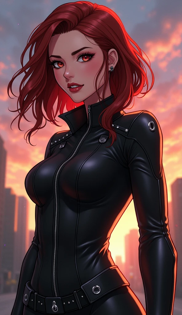 (Highly quality, masterpiece, detailed), night city detailed scenario, night city detailed background, 20 years old girl, solo, mystique, yellow sclera, blue skin, forehead jewel, cleavage, tank top, black shirt, bare shoulders, black gloves, midriff, black pants, evil smile, colored skin, sitting on top of a building, X-Men, no Pupils on eyes, navel, perfect face, beautiful eyes, perfect eyes, looking at the viewer, Sexy pose
