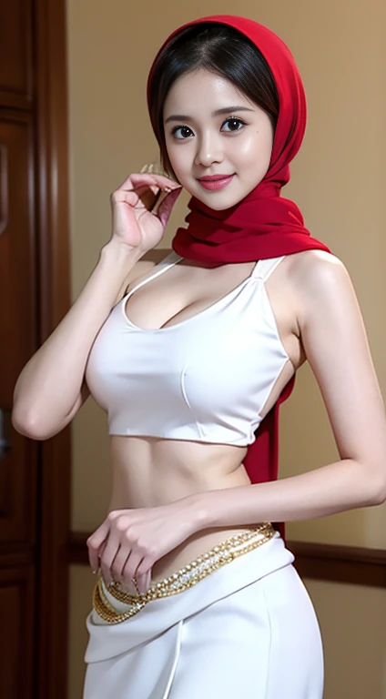 sexy malay girl standing pose and laughing in office, nighttime, wear hijab, wearing red floral hijab, tight white floral lace shorts and strapless bra, torn bra and shorts, laughing, open both leg, petite body, short in high, small head, big breast, wide waist, thick thigh, short body, slim abs, big round ass, thick ass, thick leg, seducing pose, sexy pose, bright lighting, mole below eyes, skin spots, acnes, skin blemishes, age spot, detail skin texture, skin detail, skin wrinkle detail, dark brown skin, gold necklace,