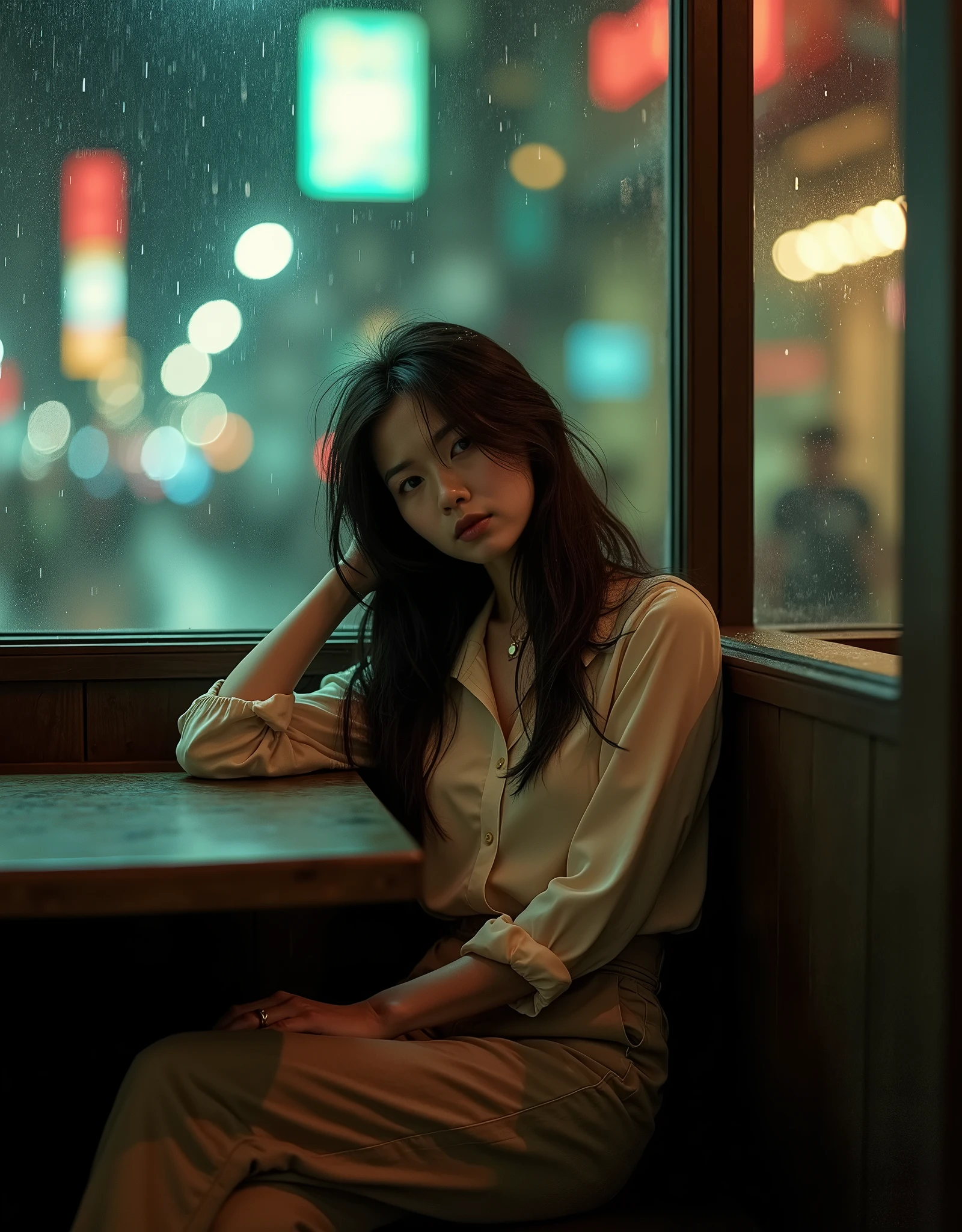 Professional photography, Wong Kar Wai movie lighting style, a charming sorrow Oriental beauty wearing vintage blouse and vintage khaki pants, she has messy long straight hair, she looking down, sitting lean back in corner of restaurant, window with raindrop, set in 80s Hongkong , bokeh