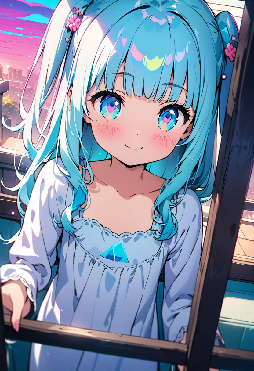  asterpiece, best quality, extremely detailed, (illustration, official art: 1.1), 1 girl, (((light blue long hair))), ((light blue long hair))), ((light blue long hair))), light blue hair,, long hair ((blush)), cute face, big eyes, masterpiece, best quality, ((((a very delicate and beautiful girl)))), amazing, beautiful detailed eyes, blunt bangs (((little delicate girl)))), tareme (true beautiful: 1.2) , sense of depth, dynamic angle,,, affectionate smile, (true beautiful: 1.2), (tiny 1girl model: 1.2),) (flat chest), (masterpiece: 1.5, highest quality: 1.5), (((VaporWave Style, Decorated colored)) ), close-up, from above, cinematic angle, (((vanilla))), 1girl, solo, cute smile, jewelry decoration, the doll is a mess, decadent life, poles outside the window, morning glow outside the window,two side up