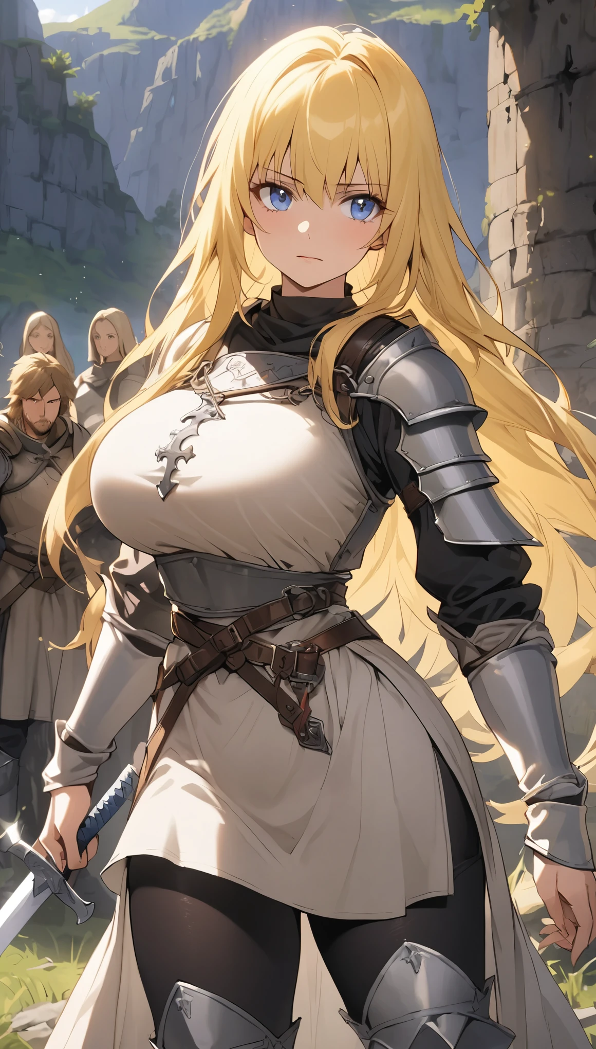 best quality, official art, masterpiece, textile shading, HDR, very detailed, colorful, best details, fantasy, gold & black battle armor, wearing gold battle helmet, 1 human female, 25 years old, 3 boys bandits, Multiple horny bandits, Anxious and frightened expression, standing on stairs, Inside the cave, Dim brightness, choppy hair, big breast, skinny, Surrounded by a horde of bandits:1.9、Bandits in heat, Feeling like about to be attacked, mysterious atmosphere、cameltoe:1.3, looking back, ground level shot:1.9, fighting stance,