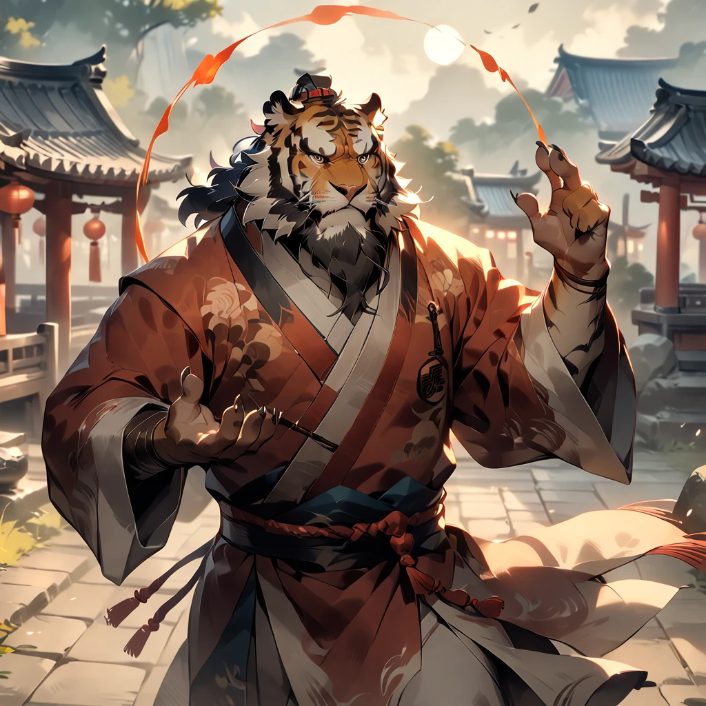 masterpiece, best quality, very aesthetic, absurdres, BREAK [face:full body:10], looking away, from above, wuxia, daoist, plump middle-aged chinese tiger man, fluffy body, tail, brown eyes, beautiful beard, male face, big face, square jawline, male eyes, sharp eyes, big eyes, male eyebrows, innocent look, BREAK serious, standing, drawing a circle in the air with a finger, dynamic pose, BREAK [simple background::12], starry sky, chinese shrine, outdoor,