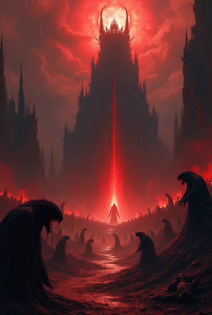 Create a background with a top-down view of an army of monsters advancing across a beach with long spears and war banners. It is midnight and the moon is rising. In the background there is a giant throne with a demon sitting on it while his eyes shine and watch his army advance., The moon is red and the river is red