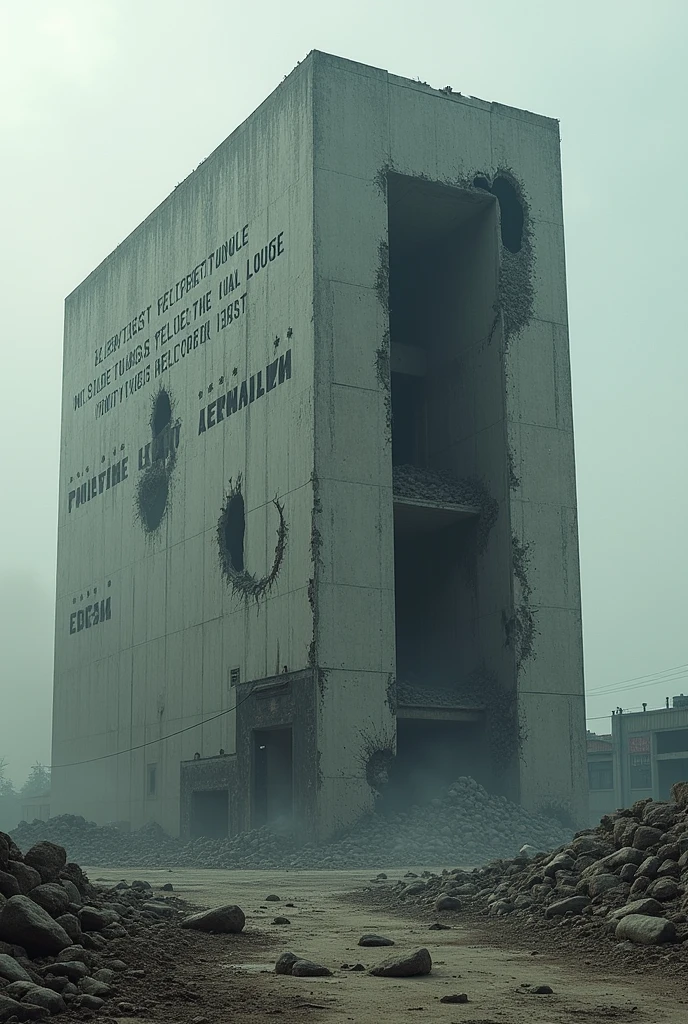 Ruins after nuclear explosion, broken and collapsed buildings, wasteland style, crowds in shabby clothes, background is nuclear explosion mushroom cloud, HD, 8K, realism, dark yellow light
