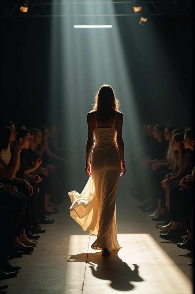 Cinematic portrait of an exquisitely fashionable lady with hyper-long, smooth hair, stretching over 2 meters, commanding attention as she walks the runway during an exclusive fashion presentation. Dramatic lighting creates a captivating atmosphere, accentuating her elegance and the opulence of the event