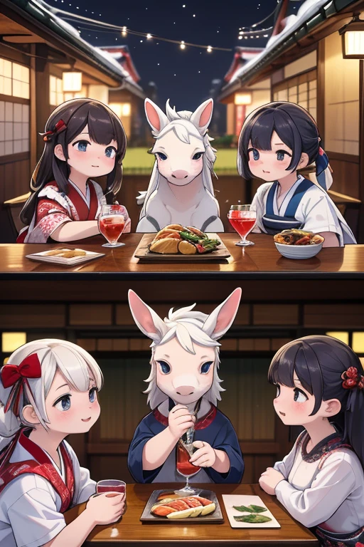 masterpiece, top quality, bewitching pose, full body wide angle, smile, (sitting:1.1) ,ichiraku ramen, (eating ramen noodles:1.0), holding chopsticks and ramen bowl, slurp one's noodles,, silence suzuka (umamusume), black gloves, white skirt, pleated skirt, black pantyhose, layered sleeves, puffy short sleeves, short over long sleeves, black bow, festival,