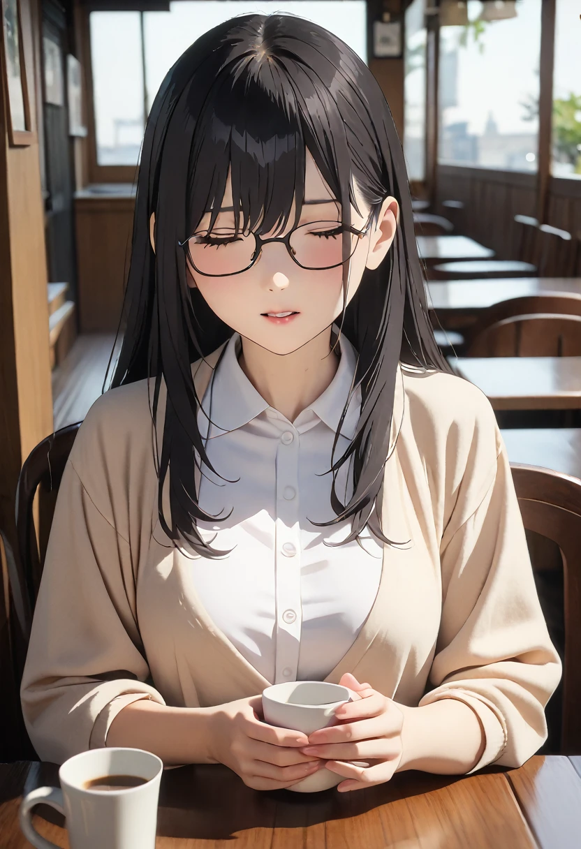 (Best Quality, 4K, 8k, High resolution, masterpiece:1.2), Very detailed, Picturesque, Animation Photos, Photo Animation:1.37)、Cafe、Beautiful Japanese Women、Black Hair、Long Hair、white shirt、Square Glasses、Mayura