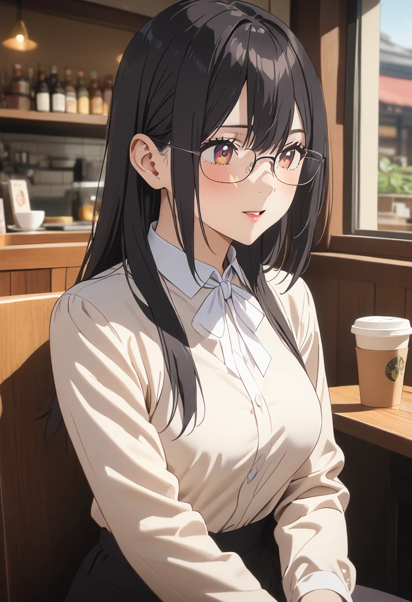 (Best Quality, 4K, 8k, High resolution, masterpiece:1.2), Very detailed, Picturesque, Animation Photos, Photo Animation:1.37)、Cafe、Beautiful Japanese Women、Black Hair、Long Hair、white shirt、Square Glasses、Mayura