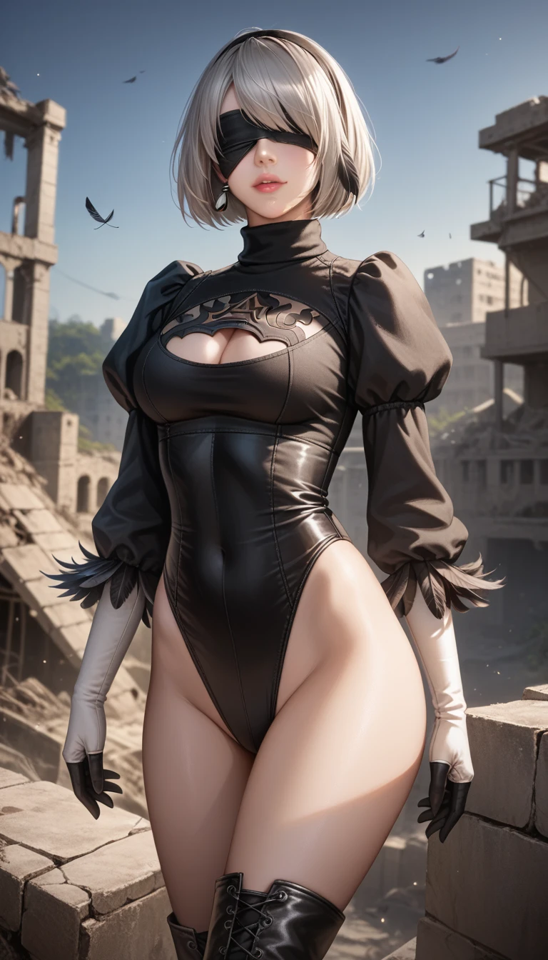 score_9, score_8_up, score_7_up, 32k,masterpiece, highest quality, 
photo realistic, vibrant colors, chiaroscuro lighting, cinematic lighting,
1 woman, inspired 2B nier automata,
bob cut, gray hair, bangs ,mole under mouth, blindfold, pink lips, 
2B leotard, cleavage cutout, long sleeve, Juliet sleeve, turtleneck, feather ornament, feather ornament sleeves, white gloves, black leather boots, 
ruins, a ruined world, a devastated battlefield, picturesque, beautiful scenery, fantastic night sky,
seductive pose, cinematic angle,