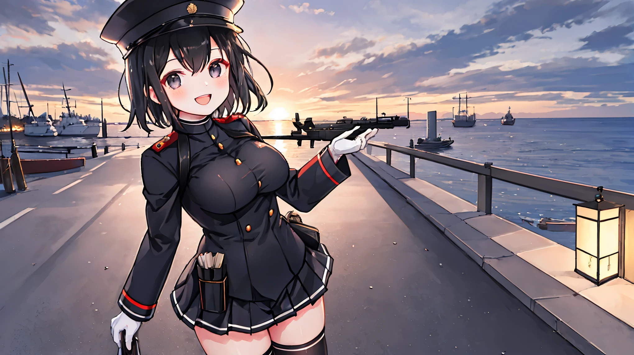 best quality, masterpiece, solo, {akitsu_maru_kantaicollection:1.15}, black_hair, short_hair, hat, peaked_cap, black_eyes, military, big_breasts, 1girl, black_headwear, looking_at_viewer,black_ military_uniform, uniform, military_hat, in_front_harbor_town_landscape_background, smile,(plump:0.7),,black_thigh-highs,joylight_open_mouth,