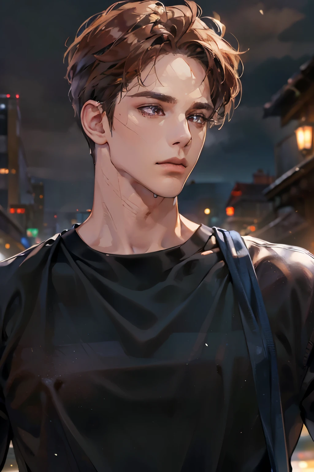 (Best quality,4K,8K,a high resolution,masterpiece:1.2),ultra detailed,(realistic,photorealistic,photo-realistic:1.37),3 man,Beautiful anime,portraits,strong,masculine,dark hair,Sharp jawline,Mesmerizing eyes,Perfectly styled hair,confident expression,bright colors,dynamic lighting,Brown eyes,(Black T-shirt),(dark skin),((mature man, man 40 years old)), (square jaw)