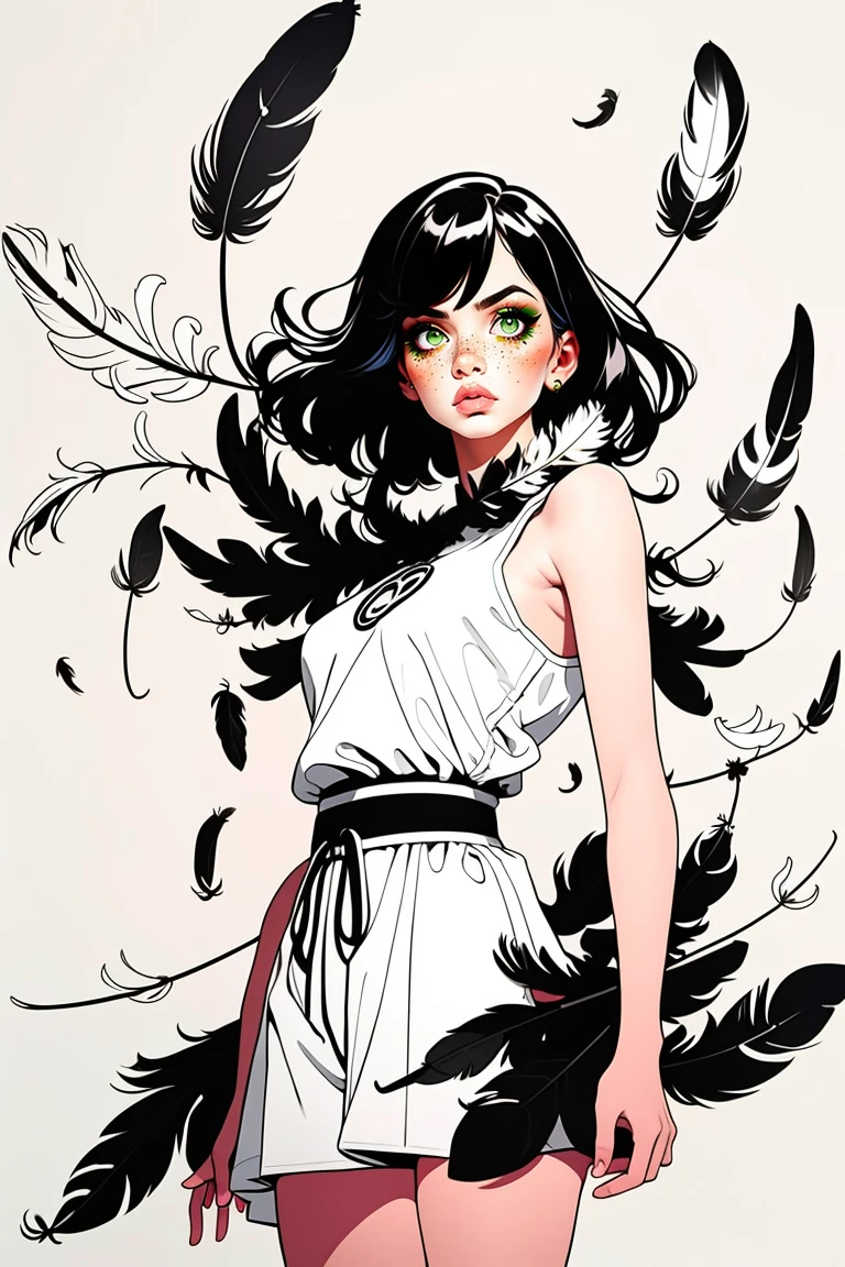 partial coloring, Line style, (masterpiece, best quality:1.2), (Simple background:1.5), 1 Girl, (Black and white feathers, Symmetrical composition:1.25)
