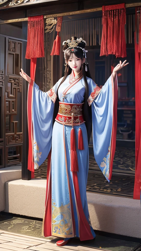 Chinese ancient living room decoration，Moon Palace Murals，Chinese goddess Chang&#39;e，long hair shawl,headgear，earrings，Wearing Chinese fairy costume，Sitting in a recliner，Moon Rabbit is helping to fan the wind