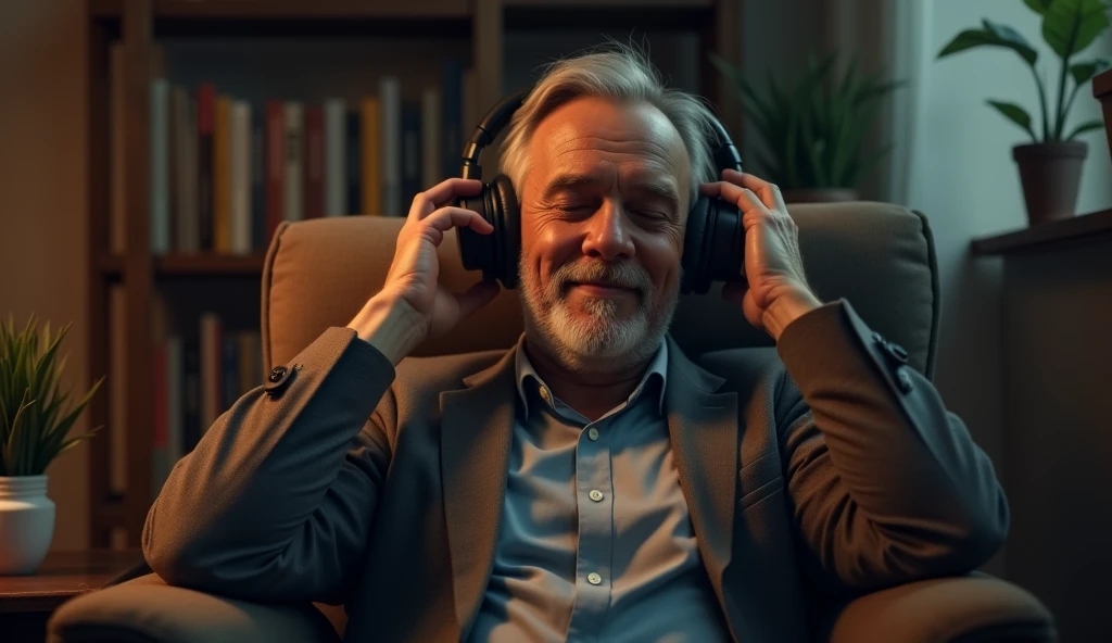 Generate a man from a photo.He is 60 years old.soaked.broad in the shoulders, with life, gray-haired, sits in the room with headphones and listens and sings karaoke online .music, Near the cat, computer, piano, beautiful with belvm plnd, glass of wine. music is playing, atmosphere of warmth and comfort.sulfur white cat