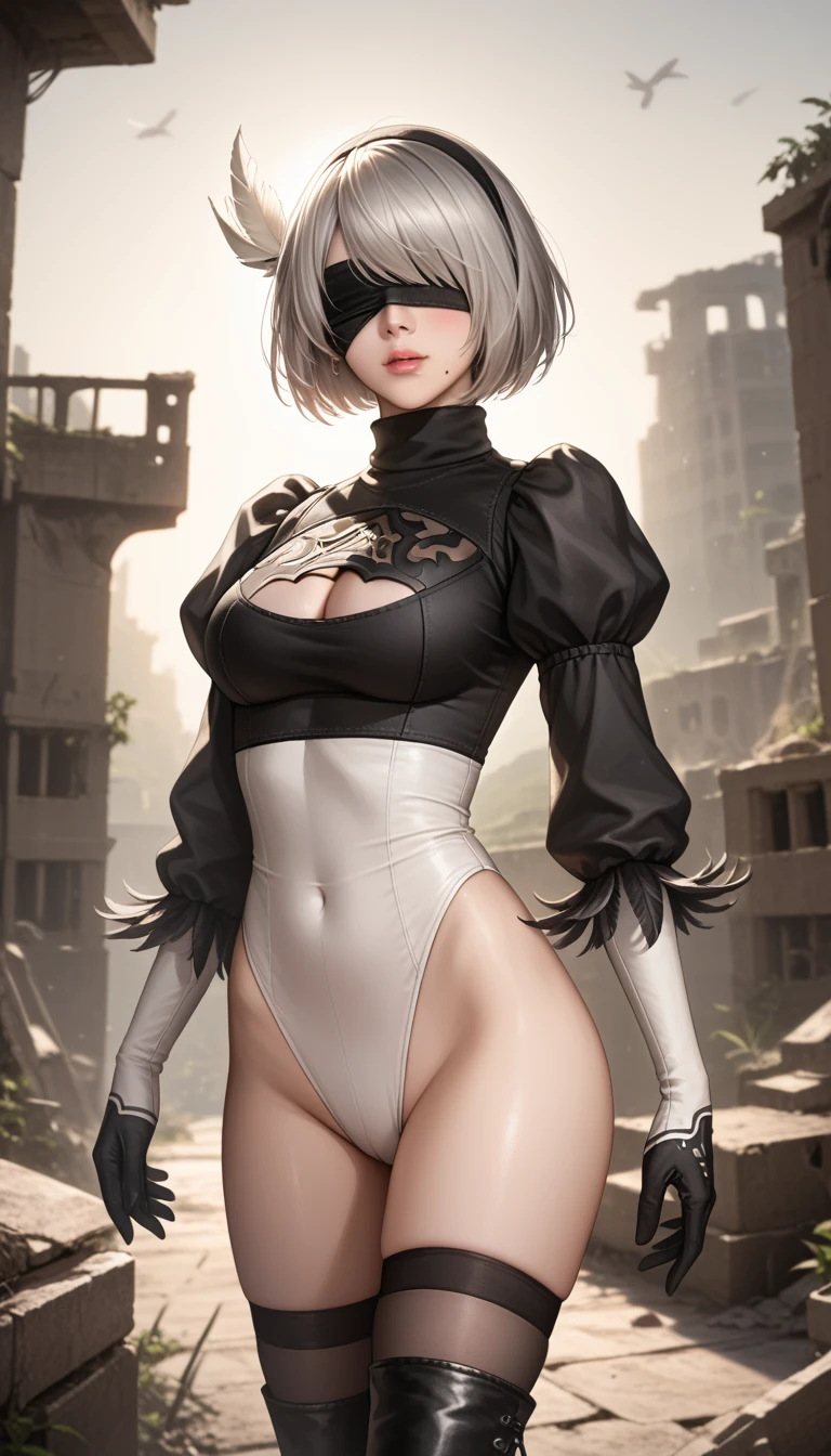 score_9, score_8_up, score_7_up, 32k,masterpiece, highest quality, 
photo realistic, vibrant colors, chiaroscuro lighting, cinematic lighting,
1 woman, inspired 2B nier automata,
bob cut, gray hair, bangs ,mole under mouth, blindfold, pink lips, 
2B leotard, cleavage cutout, long sleeve, Juliet sleeve, turtleneck, feather ornament, feather ornament sleeves, white gloves, black leather boots, 
ruins, a ruined world, a devastated battlefield, picturesque, beautiful scenery, fantastic night sky,
seductive pose, cinematic angle,