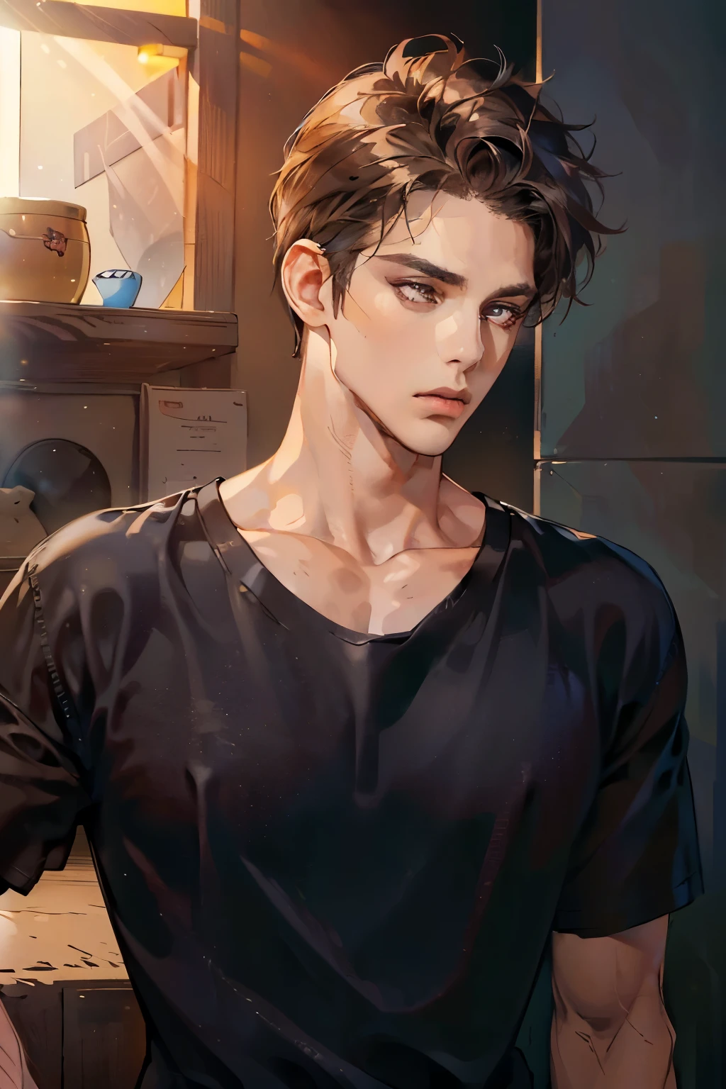 (Best quality,4K,8K,a high resolution,masterpiece:1.2),ultra detailed,(realistic,photorealistic,photo-realistic:1.37),39 year old man,Beautiful anime,portraits,strong,masculine,dark hair,Sharp jawline,Mesmerizing eyes,Perfectly styled hair,confident expression,bright colors,dynamic lighting,Brown eyes,(Black T-shirt),(dark skin),((mature man, man 40 years old)), (square jaw)