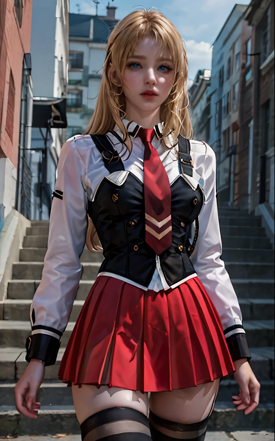 ((masterpiece, best quality)), insaneres, absurdres, solo, outdoors,
CLOTHING_BibleBlack_SchoolDress_ownwaifu, 
1girl, blonde hair,  long hair, blue eyes, 
black vest, red skirt, white shirt, collared shirt, suspenders, school uniform, black thighhighs, zettai ryouiki, necktie, long sleeves, pleated skirt, red necktie, 
(