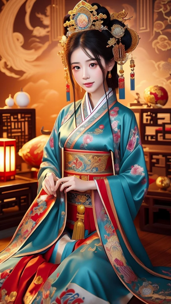 Chinese ancient living room decoration，Moon Palace Murals，Chinese goddess Chang&#39;e，long hair shawl,headgear，earrings，Wearing Chinese fairy costume，Sitting in a recliner，Moon Rabbit is helping to fan the wind