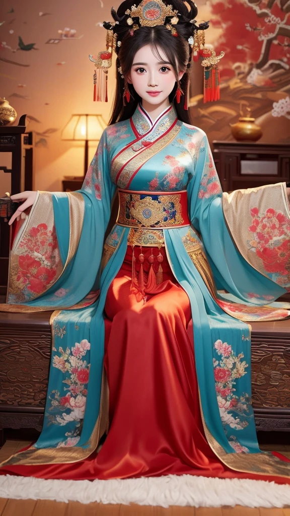 Chinese ancient living room decoration，Moon Palace Murals，Chinese goddess Chang&#39;e，long hair shawl,headgear，earrings，Wearing Chinese fairy costume，Sitting in a recliner，Moon Rabbit is helping to fan the wind