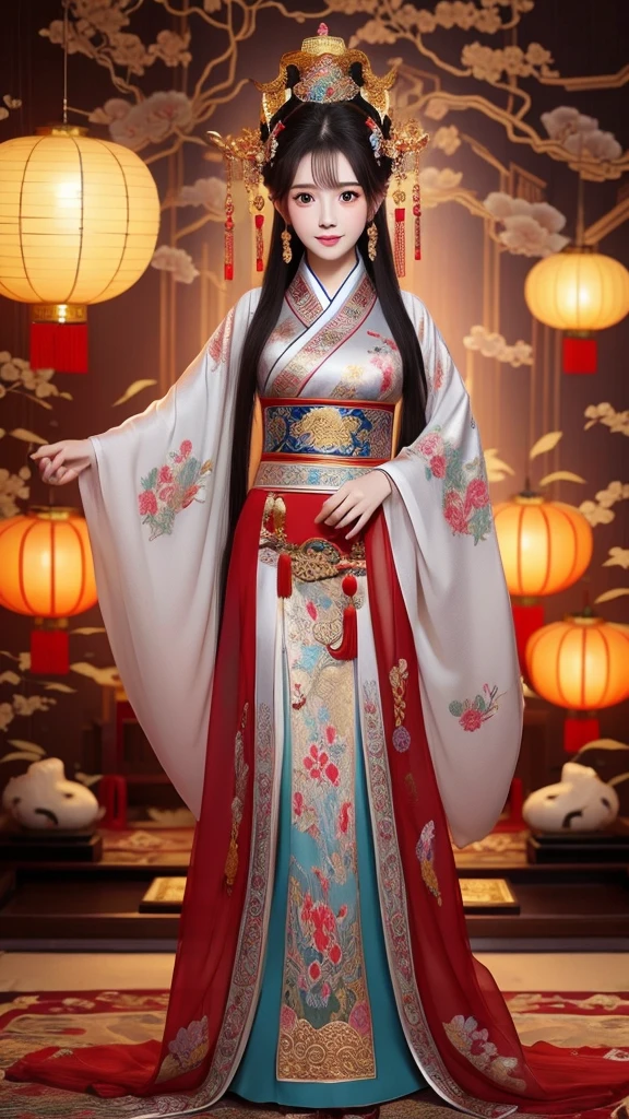 Chinese ancient living room decoration，Moon Palace Murals，Chinese goddess Chang&#39;e，long hair shawl,headgear，earrings，Wearing Chinese fairy costume，Sitting in a recliner，Moon Rabbit is helping to fan the wind