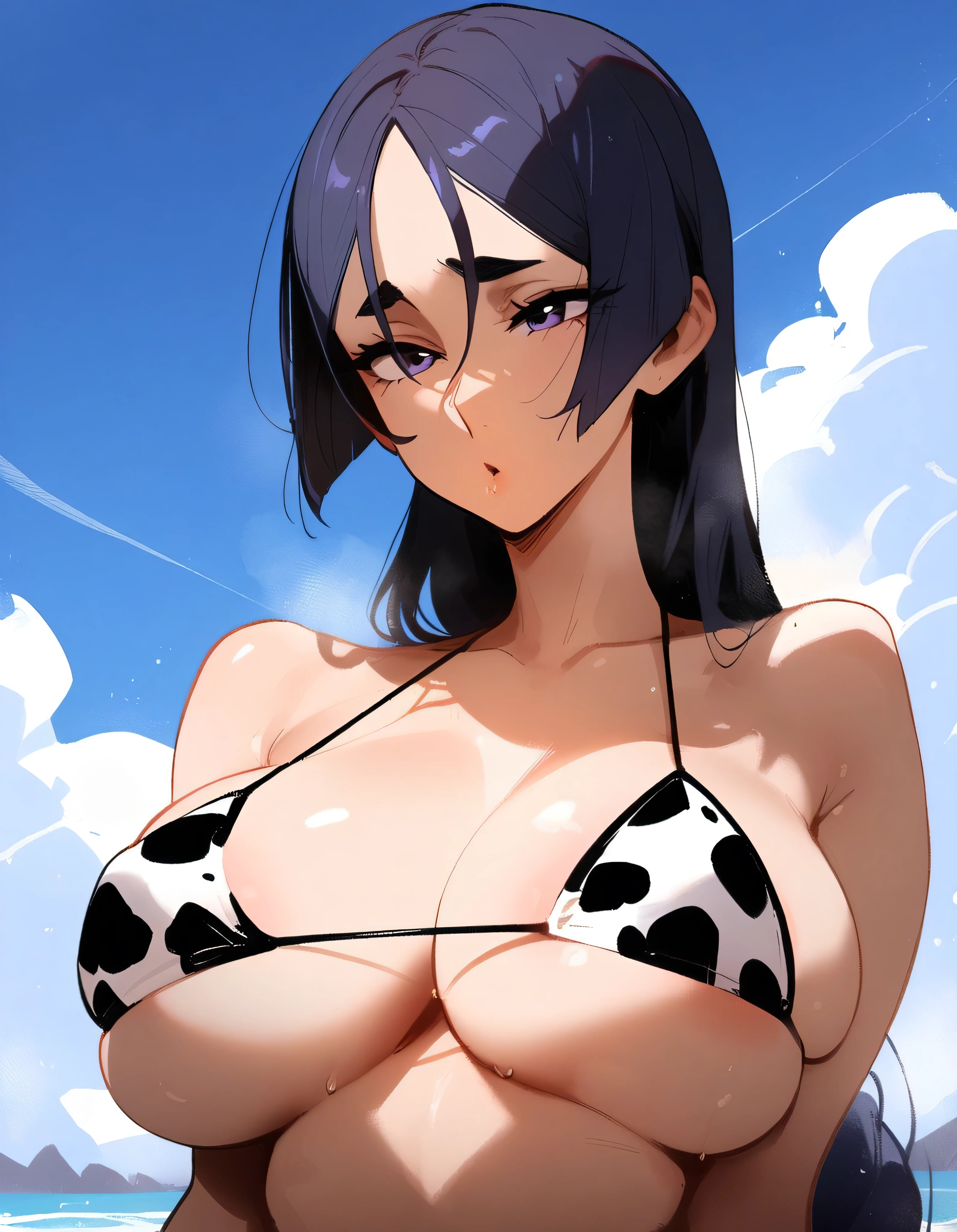 (best quality:1.3), (4k quality), 1 mature woman, rem by re:zero, curvy body, ((Detailed face)), (blush), ((bikini cow)), (beach)