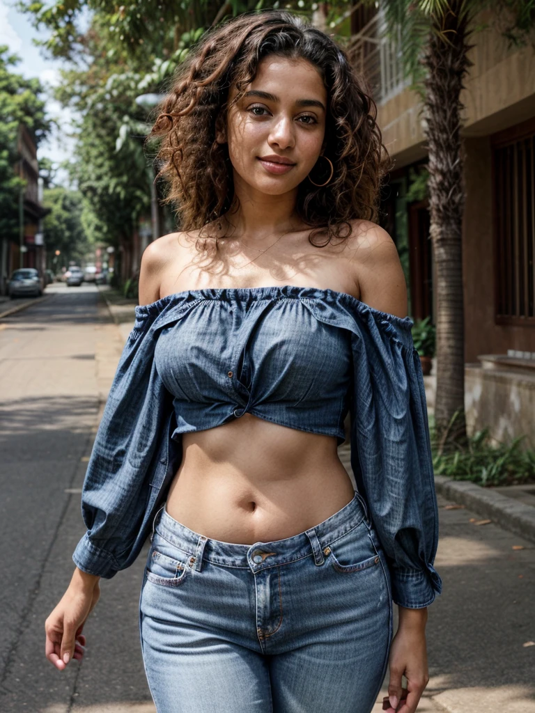 Super tall arabic girl.  ((3 meters tall))Wearing jeans and a t-shirt., busty, breasts sticking out of shirt. Smiling, blushing. Massive girl. Taller than The roof. Belly exposed. Teenager.