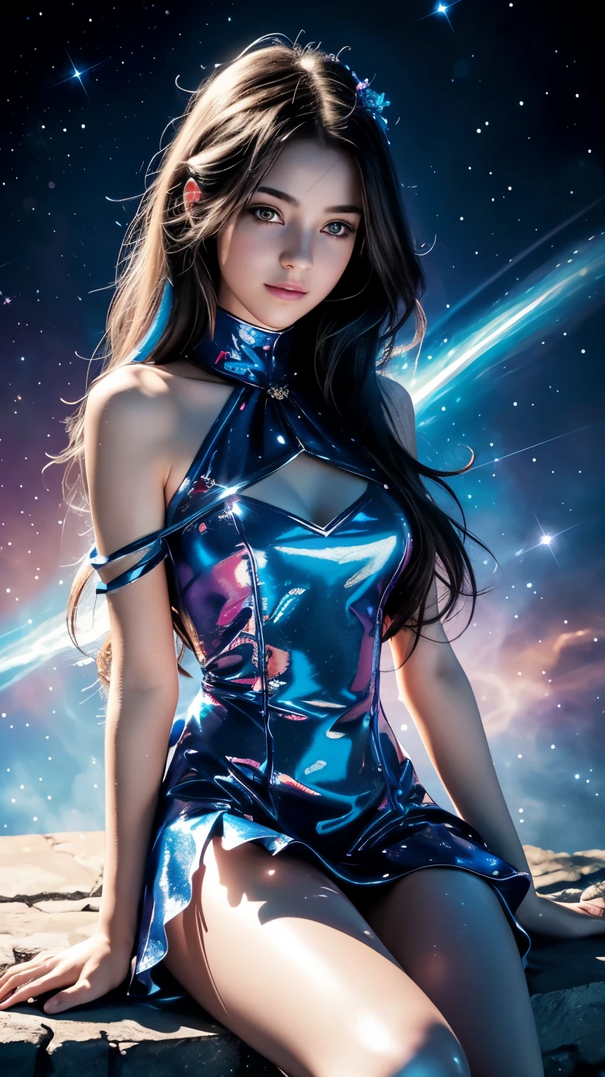 4K Ultra HD, Masterpiece, A girl with a magical aura, Good face, Long hair, shinny hair, Detailed eyes, Glossy lips, blue ****ta costume, The aura around the body, Magical effect, Spread white light, Cosmic elements and ethereal atmosphere, A mix of bright lights and colorful nebulae, universe background, Perfect body, sitting,