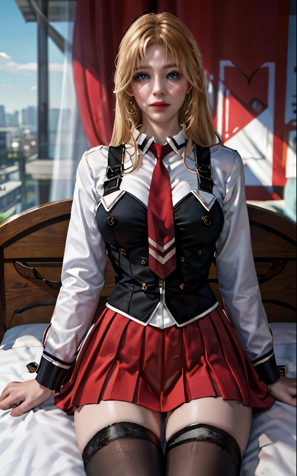 ((masterpiece, best quality)), insaneres, absurdres, solo, outdoors,
CLOTHING_BibleBlack_SchoolDress_ownwaifu,
1girl, blonde hair, long hair, blue eyes,
black vest, red skirt, white shirt, collared shirt, suspenders, school uniform, black thighhighs, zettai ryouiki, necktie, long sleeves, pleated skirt, red necktie,
lie in the bed